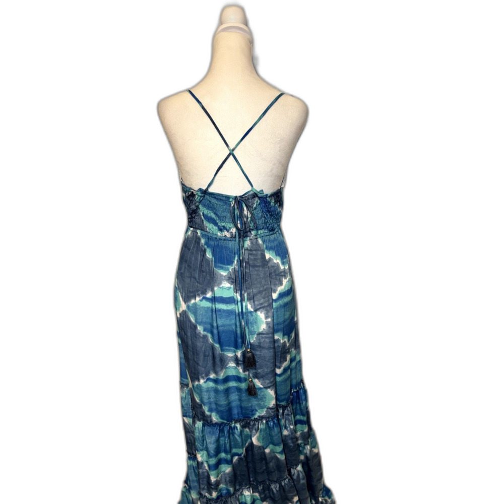 Raga Blue White Tie-Dye Maxi Dress L Bohemian Tiered V-Neck Lace Trim - Picture 5 of 6